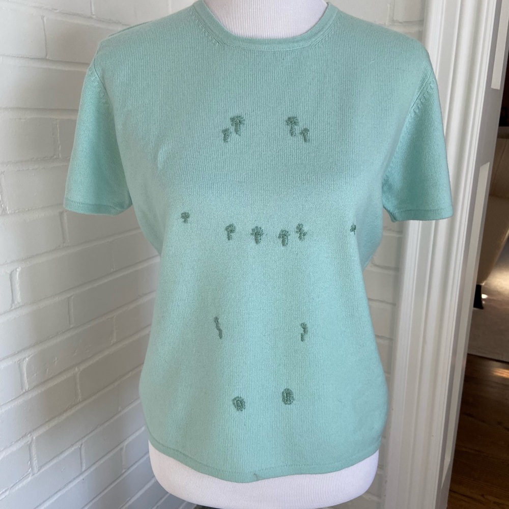 Womens Classic Light Aqua Short-Sleeve 100% Cashmere Sweater Size L